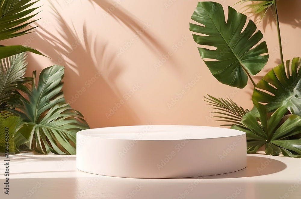 Smooth white podium surrounded by large tropical leaves, set against a soft pastel background, perfect for summer or eco-friendly products. Made with generative AI technology Smooth white podium surrounded by large tropical leaves, set against a soft pastel background, perfect for summer or eco-friendly products. Made with generative AI technology