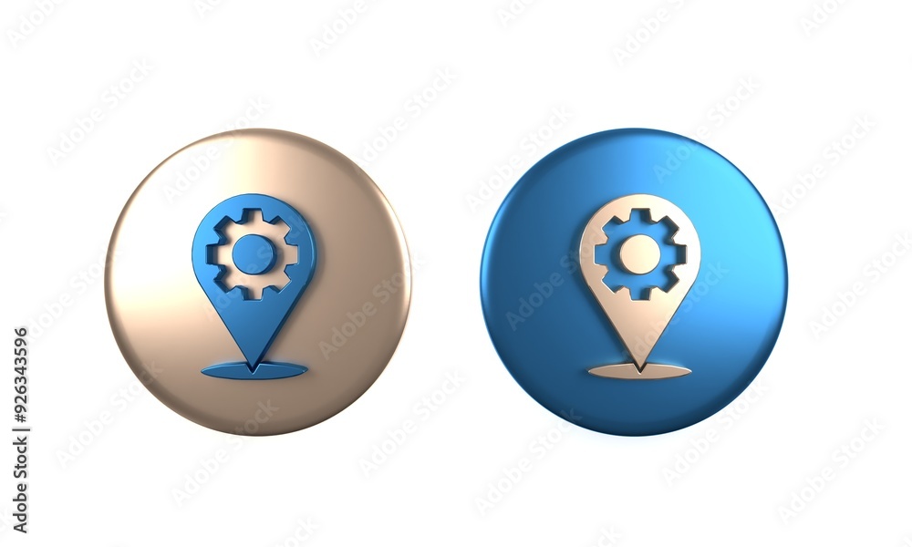 Colorful Location with gear icon isolated on white background. Circle button. 3D render illustration