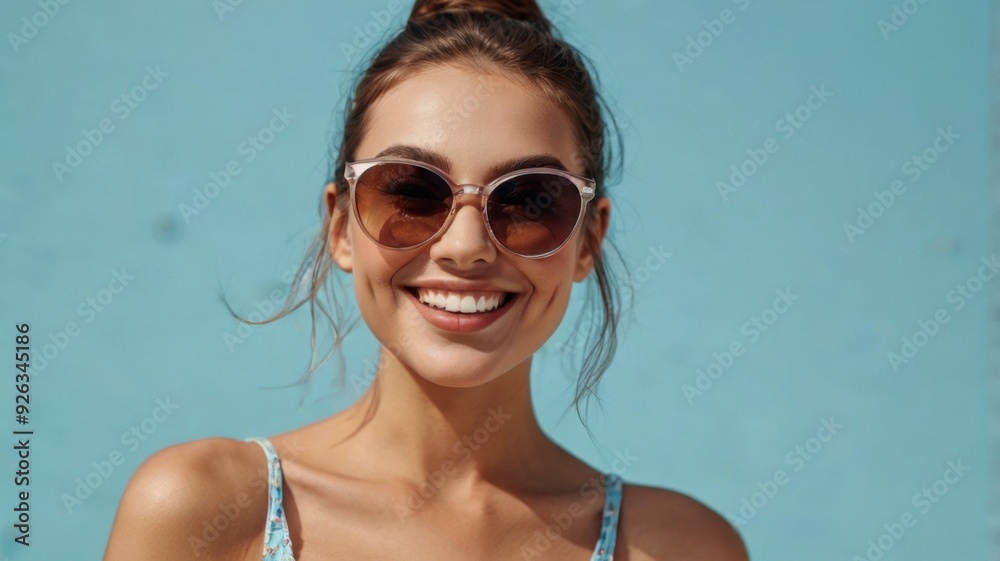 Close-up portrait of beautiful elegant woman smiling with summer vibes on blue background, showcasing natural beauty, bright expression, and cheerful mood, perfect for summer-themed concepts Close-up portrait of beautiful elegant woman smiling with summer vibes on blue background, showcasing natural beauty, bright expression, and cheerful mood, perfect for summer-themed concepts