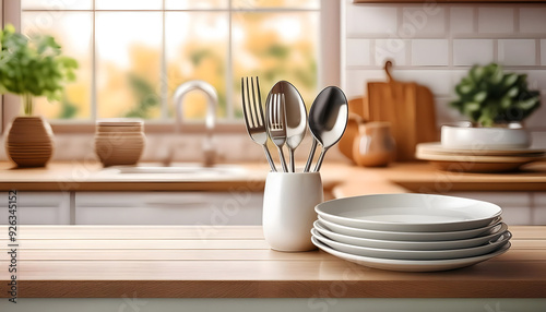 set of clean dishware and cutlery against blurred kitchen interior photo