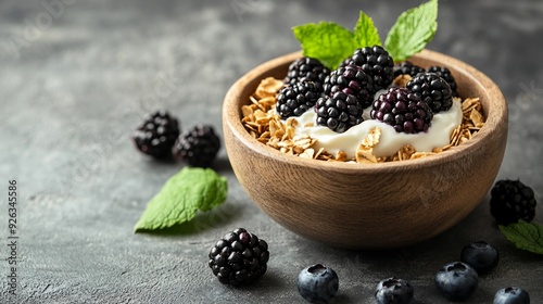 Nutritious Granola Yogurt Bowl with Berries, Fruits, and Nuts on Concrete Background, Top View