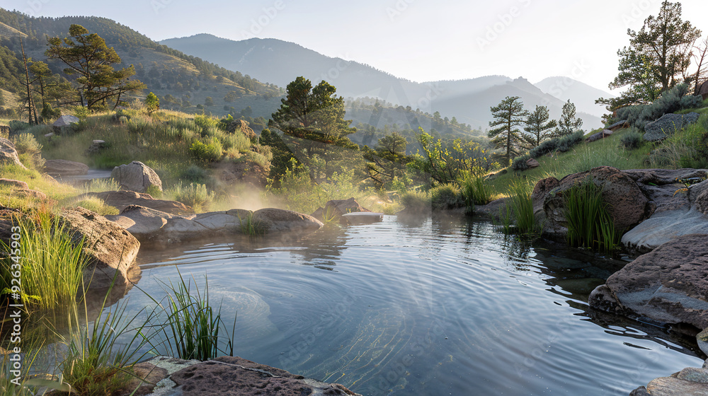 The tranquil mountain peak of the cliff edge hot spring in the twilight mountainous area, where the steam white of dusk blends with the rock ash on the mountain, creates a natural paradise for relaxat The tranquil mountain peak of the cliff edge hot spring in the twilight mountainous area, where the steam white of dusk blends with the rock ash on the mountain, creates a natural paradise for relaxat