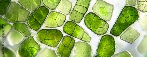 Microscopic examination of plant cells showing detailed chloroplasts and cell walls, with vibrant green hues and accurate cellular structure, clear light, realistic photo 8K
