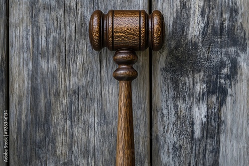  Classic wooden gavel on a judicial block, symbolizing law, order, and justice, set against a rustic wooden background