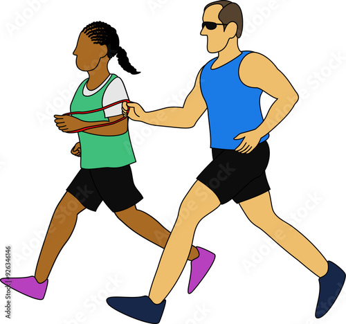 During a road run or marathon, a visually impaired male runner and a female running guide run by holding the rope to ensure they run in sync.