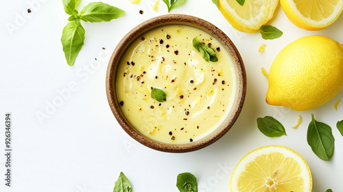 Lemon Sauce in Bowl on White Background from Top View