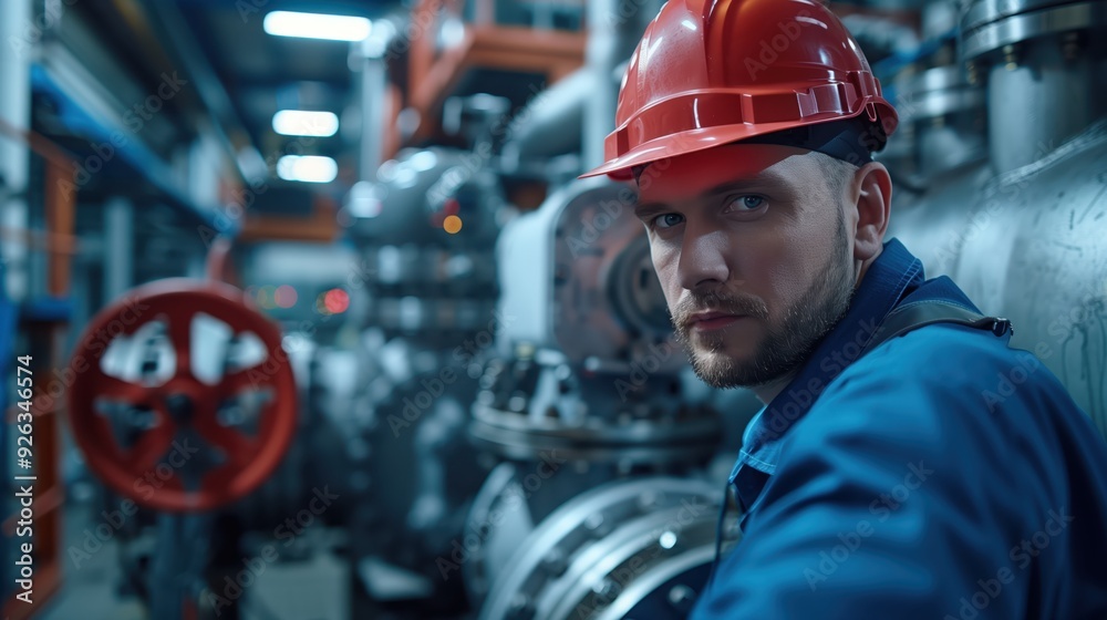 Engineers in Uniforms and Helmets Working Behind Machinery in Industrial Factory Setting Engineers in Uniforms and Helmets Working Behind Machinery in Industrial Factory Setting