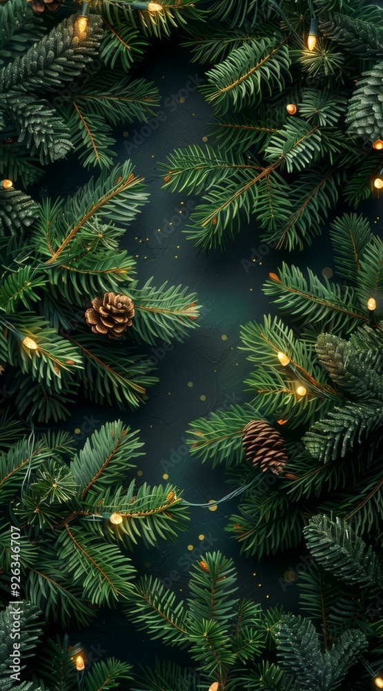 Festive scene featuring pine branches, fir cones, and string lights creating a warm Christmas atmosphere on a dark background. Festive scene featuring pine branches, fir cones, and string lights creating a warm Christmas atmosphere on a dark background.