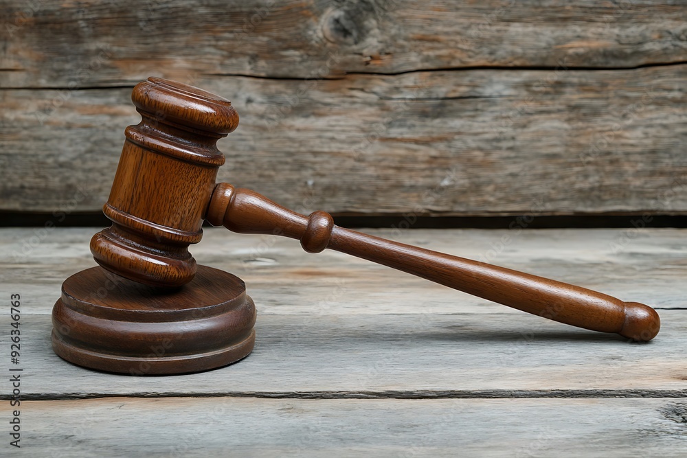 Classic wooden gavel on a judicial block, symbolizing law, order, and justice, set against a rustic wooden background Classic wooden gavel on a judicial block, symbolizing law, order, and justice, set against a rustic wooden background