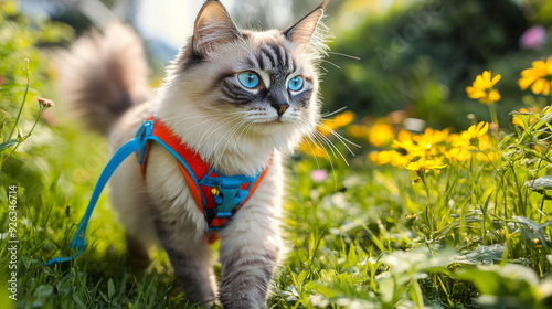 A fuzzy cat with blue eyes, brightly colored harness, and light brown fur walks by lush grass and bright yellow flowers on a sunny day.. --ar 16:9 --v 6.1 Job ID: 3febf30f-e55c-416e-ba7d-02959b9aeb67 photo