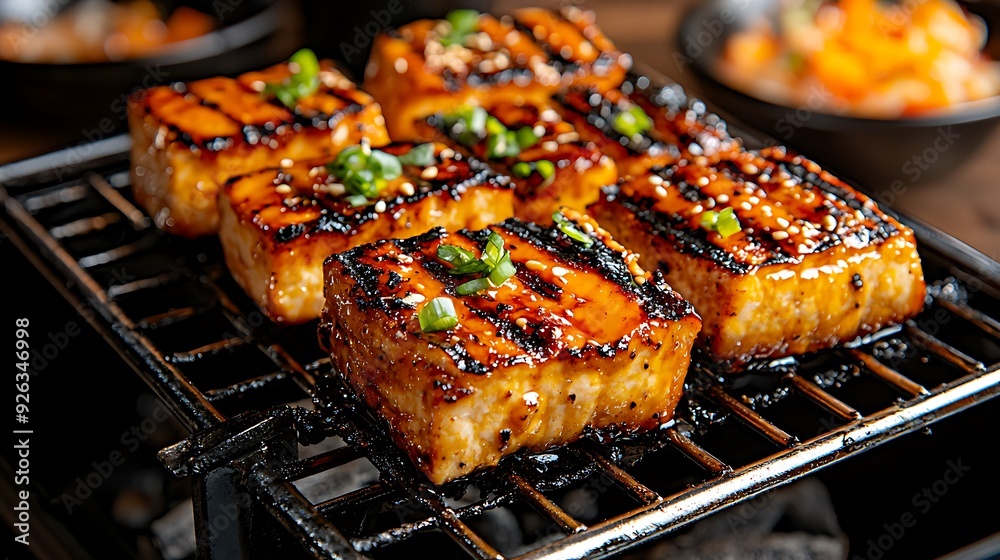 Top view of grilled tofu with juicy texture on a metal bar grill, isolated white background. The bar grill is made of stainless steel, with a clear texture and the food looks delicious. Top view of grilled tofu with juicy texture on a metal bar grill, isolated white background. The bar grill is made of stainless steel, with a clear texture and the food looks delicious.