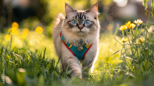 A fuzzy cat with blue eyes, brightly colored harness, and light brown fur walks by lush grass and bright yellow flowers on a sunny day. --ar 16:9 --v 6.1 Job ID: 3febf30f-e55c-416e-ba7d-02959b9aeb67 photo