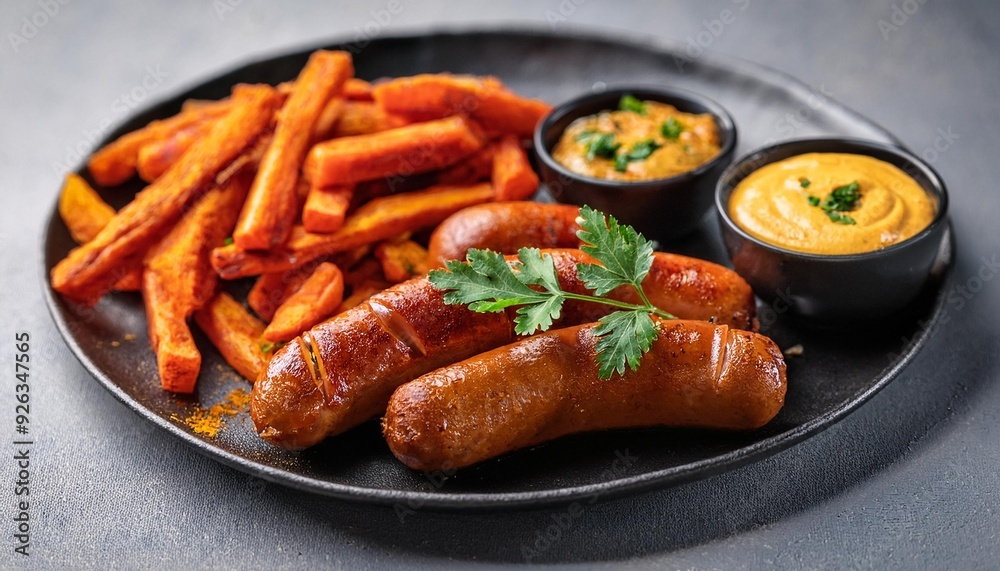 Currywurst with homemade currywurst sauce, sweet potato fries and a fresh coriander dip Currywurst with homemade currywurst sauce, sweet potato fries and a fresh coriander dip