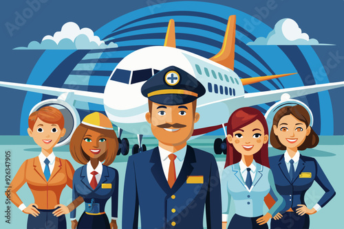 Airplane pilots, flight attendants, airline employees. The crew on the background of a passenger plane. Stewardesses and flight engineer
