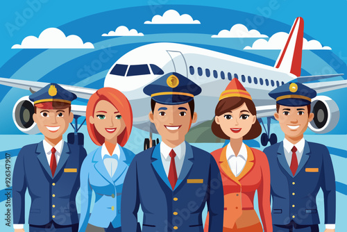 Airplane pilots, flight attendants, airline employees. The crew on the background of a passenger plane. Stewardesses and flight engineer
