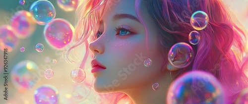 japanese girl colorful soap bubbles falling from the sky on a beautiful woman, colorful colors, colorful woman, pink hair, blue eye, 