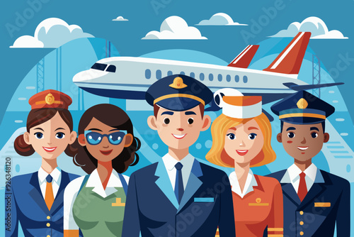Airplane pilots, flight attendants, airline employees. The crew on the background of a passenger plane. Stewardesses and flight engineer
