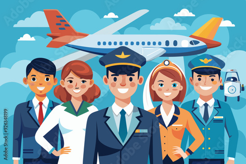 Airplane pilots, flight attendants, airline employees. The crew on the background of a passenger plane. Stewardesses and flight engineer
