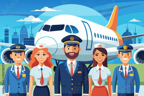 Airplane pilots, flight attendants, airline employees. The crew on the background of a passenger plane. Stewardesses and flight engineer
