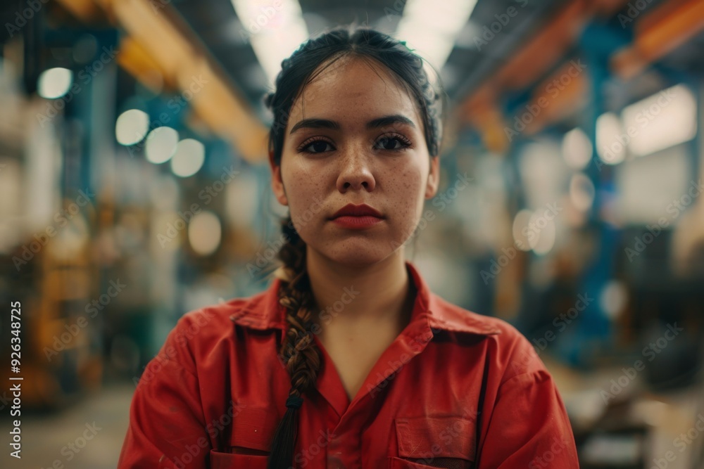 Fototapeta premium Portrait of a young female assembly line worker in factory