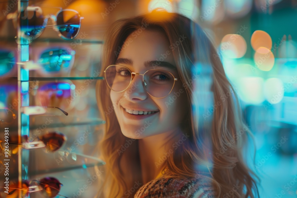 Young woman trying glasses in a optics store Young woman trying glasses in a optics store