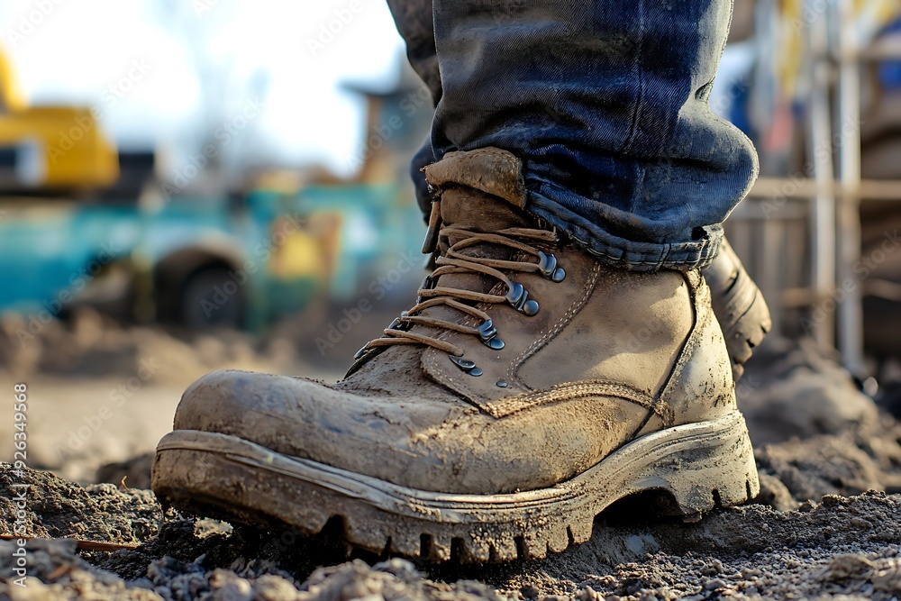 Close-up of a worker's boots on a construction site, highlighting the rugged and demanding nature of construction work Close-up of a worker's boots on a construction site, highlighting the rugged and demanding nature of construction work