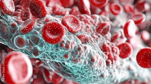 Microscopic image of blood clotting process, showing platelets and fibrin network in detail, with accurate color representation and a focus on the clot formation process, clear light, realistic photo photo