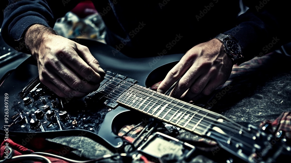 Master Guitarist Restringing Electric Guitar: Top View Closeup