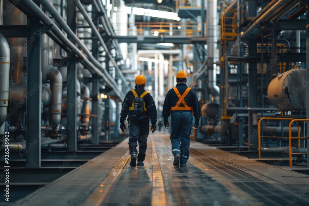 Fototapeta premium Two engineers walking in a petroleum refinery