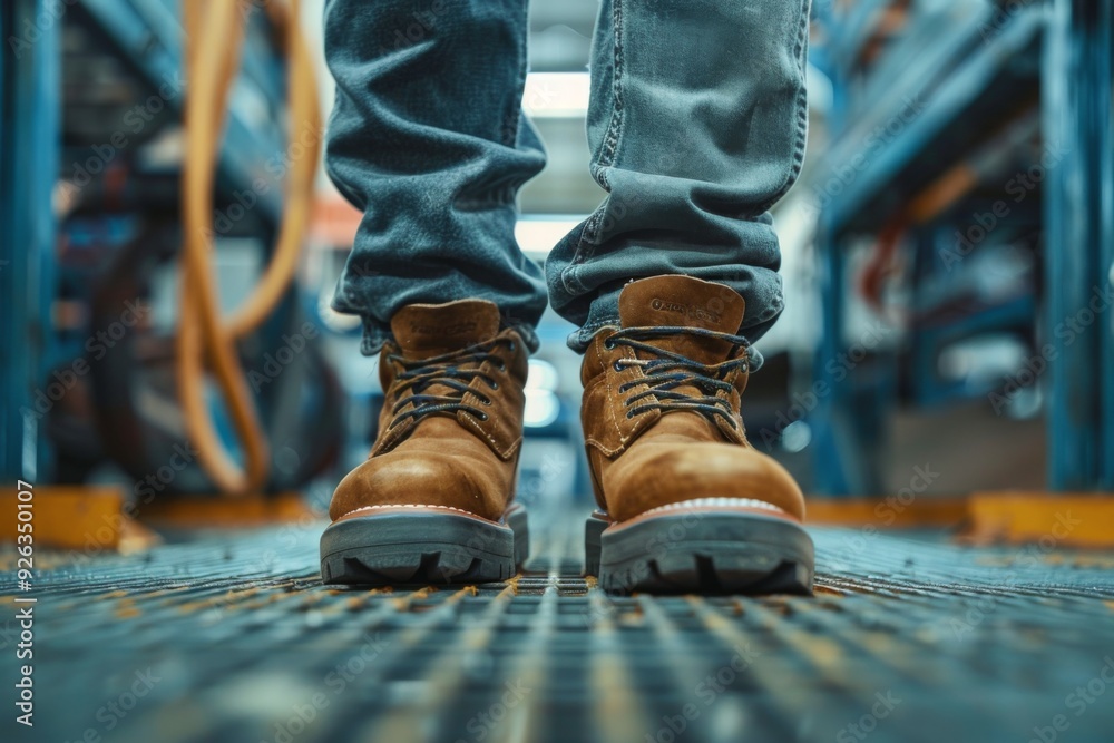 Factory worker wearing safety shoes Factory worker wearing safety shoes