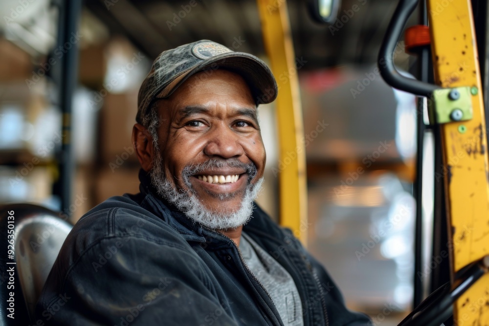 Portrait of a middle aged forklift worker in warehouse Portrait of a middle aged forklift worker in warehouse