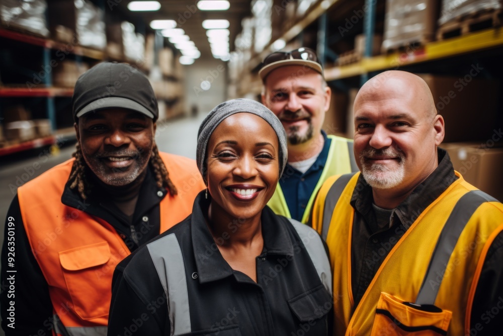 Group portrait of diverse middle aged warehouse workers Group portrait of diverse middle aged warehouse workers