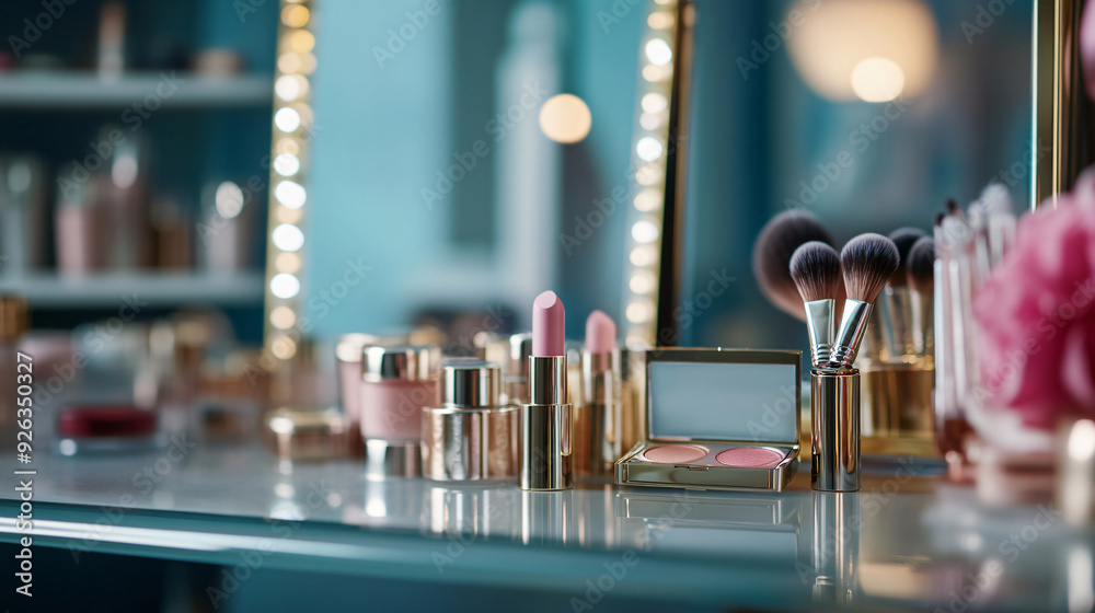 Obraz premium Chic Makeup Vanity with Colorful Decorative Cosmetics in Stylish Makeup Room