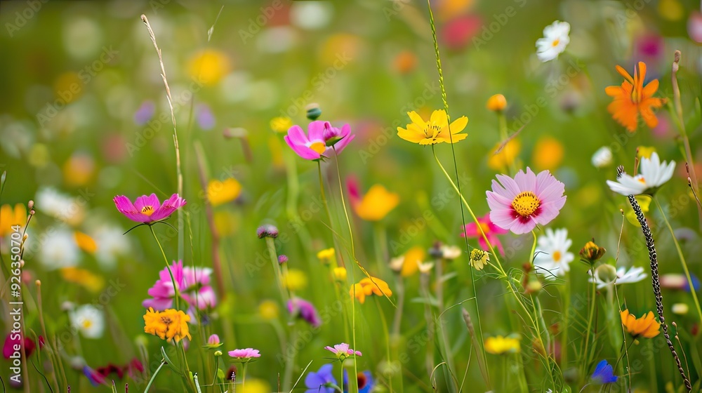 Close-up of a vibrant wildflower meadow in full bloom, with a focus on a variety of colorful flowers. Close-up of a vibrant wildflower meadow in full bloom, with a focus on a variety of colorful flowers.