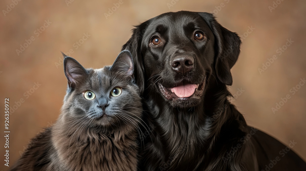 Obraz premium A happy black Labrador dog and a blue Maine Coon cat pose together, looking at the camera. The background is a soft brown color. --ar 16:9 --v 6.1 Job ID: 64c150d4-9234-4b9f-bf80-b56e3b4a5159