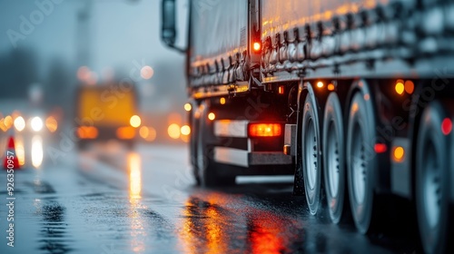 A long haul truck is driving on a wet road at dusk, with its rear lights illuminating the path. The scene captures the essence of road transport in challenging weather.