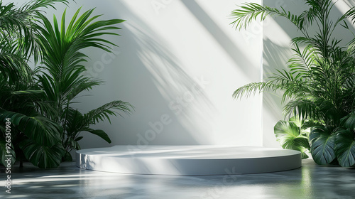 A simple modern podium surrounded by lush green palm leaves. The design is clean and calm  with natural light casting soft shadows on the white podium and surrounding green trees.