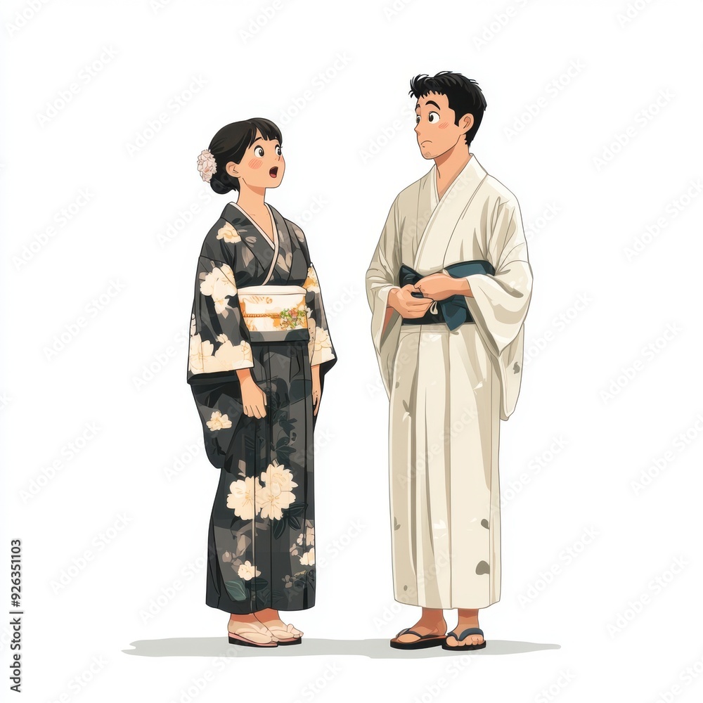 A couple in traditional Japanese clothing, the woman in a black kimono and the man in a white yukata, stand facing each other. A couple in traditional Japanese clothing, the woman in a black kimono and the man in a white yukata, stand facing each other.