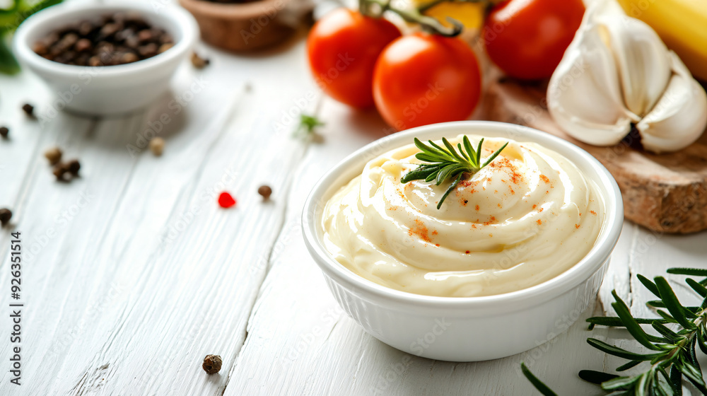 Delicious Homemade Mayonnaise with Ingredients on White Background Delicious Homemade Mayonnaise with Ingredients on White Background