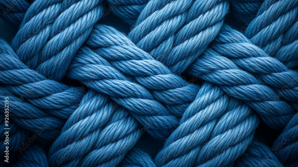 A detailed closeup abstract image of blue woven ropes intricately intertwined, forming a complex and textured pattern, background. A detailed closeup abstract image of blue woven ropes intricately intertwined, forming a complex and textured pattern, background.