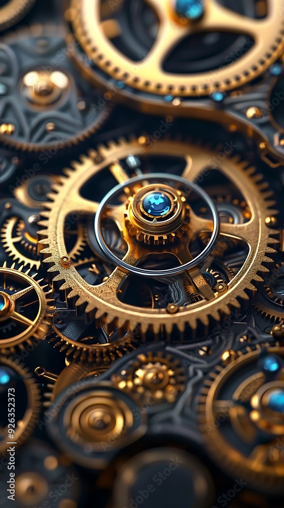 A close up of a gear mechanism with hundreds of gears, bolts, valves and other small details, some parts are made of gold with engraving. A close up of a gear mechanism with hundreds of gears, bolts, valves and other small details, some parts are made of gold with engraving.