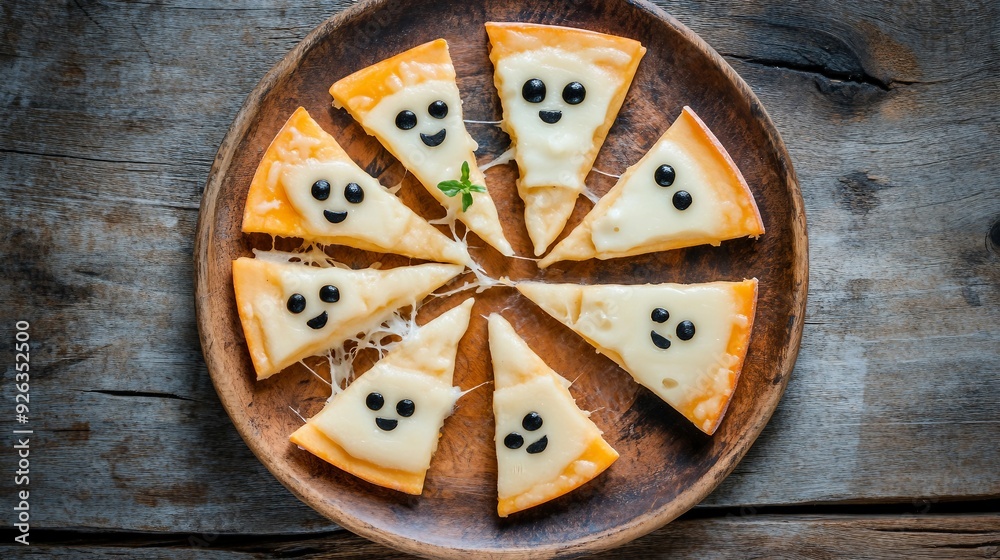 Spooky Halloween Party Food Platter with Cheese Witches Brooms and Ghost Faces - Top View Spooky Halloween Party Food Platter with Cheese Witches Brooms and Ghost Faces - Top View