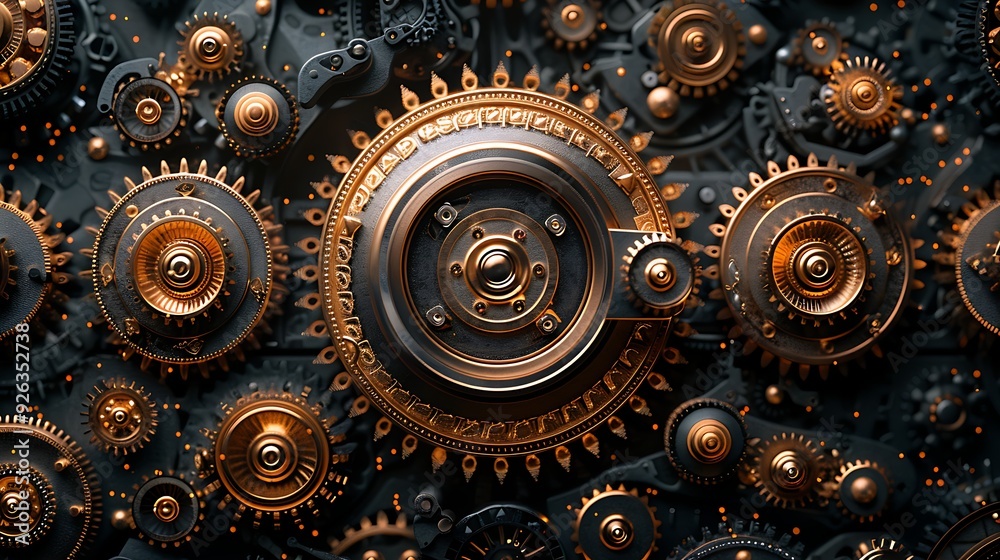 A close up of a gear mechanism with hundreds of gears, bolts, valves and other small details, some parts are made of gold with engraving.