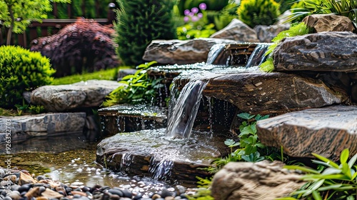 Nature-inspired garden fountain featuring a waterfall effect, set in a landscaped garden with large stones and natural vegetation.  photo