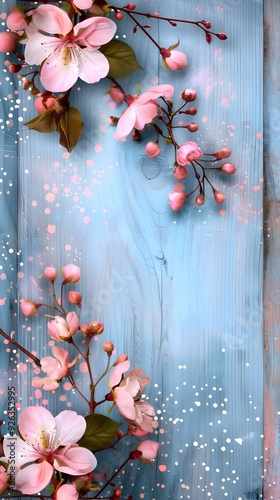 Pink Flowers on Blue Wooden Background