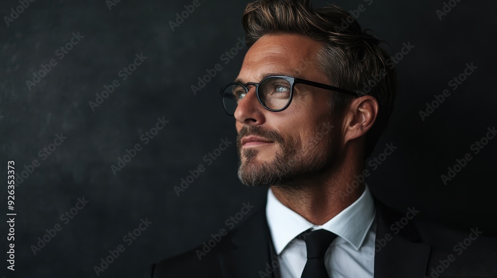 A man in a suit with glasses is thoughtfully looking sideways against a dark background. This high-resolution image underscores sophistication, contemplation, and modern style. A man in a suit with glasses is thoughtfully looking sideways against a dark background. This high-resolution image underscores sophistication, contemplation, and modern style.