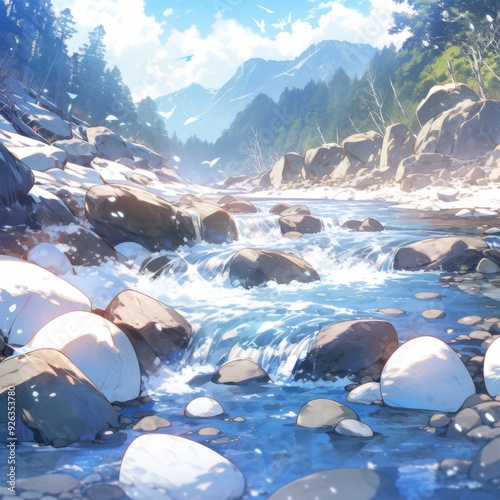 Snow-Capped Mountain Majesty and River Scenery Under a Clear Sky: A 13-Piece Anime Series Capturing the Essence of Winter Wonders,Anime Comic Style Art.For Poster,Novel,UI,WEB,Game,Design,book illustr photo