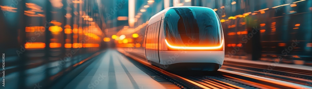 Obraz premium Futuristic train in motion on vibrant tracks, showcasing dynamic speed and sleek design in an urban setting.