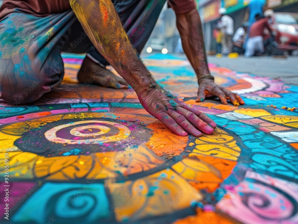 A Person's Hand Covered in Colorful Powder Creating Artwork on the Ground A Person's Hand Covered in Colorful Powder Creating Artwork on the Ground