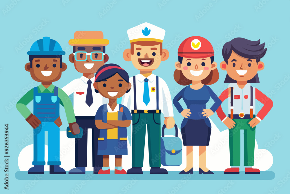 People of different professions. Builder, female police officer, cook, engineer, doctor and teacher
People of different professions. Builder, female police officer, cook, engineer, doctor and teacher